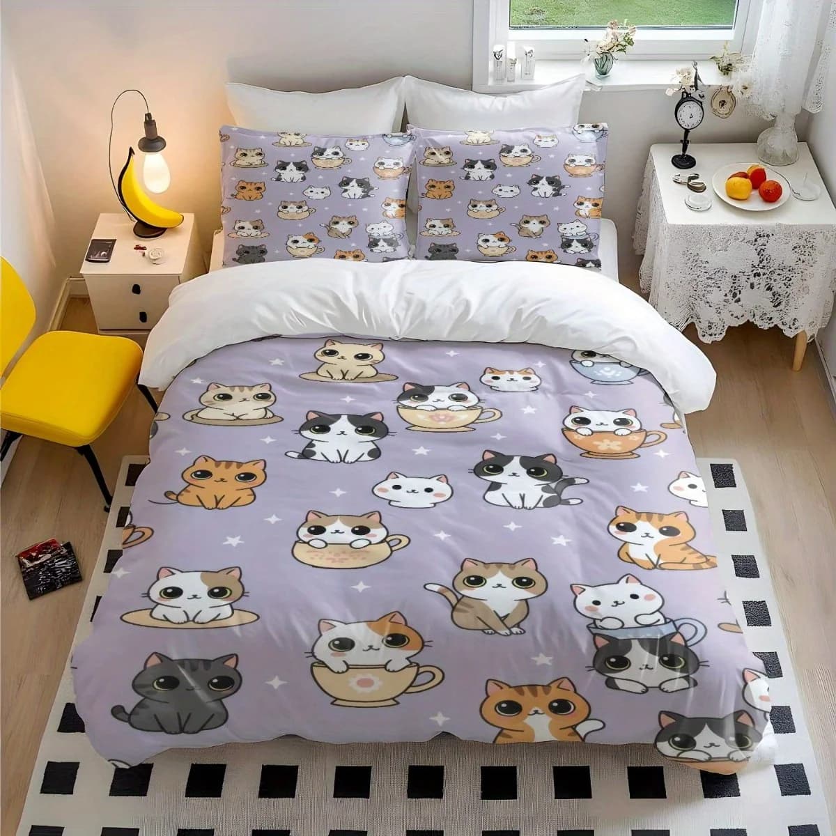 Soft Duvet Cover Set of Three 2D Flat Printed Duvet Cover Set Duvet Cover Set with Cartoon Cat Print, Machine Washable, Invisible Zipper, Large Duvet Cover Set, Bedding Set Quilt Cover