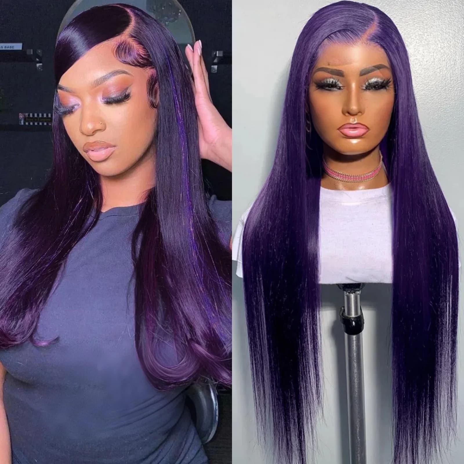 Dark Purple Long Silky Straight Synthetic Hair Free Part Glueless 13X4 Lace Front Colored Wigs for Women Daily Party Cosplay