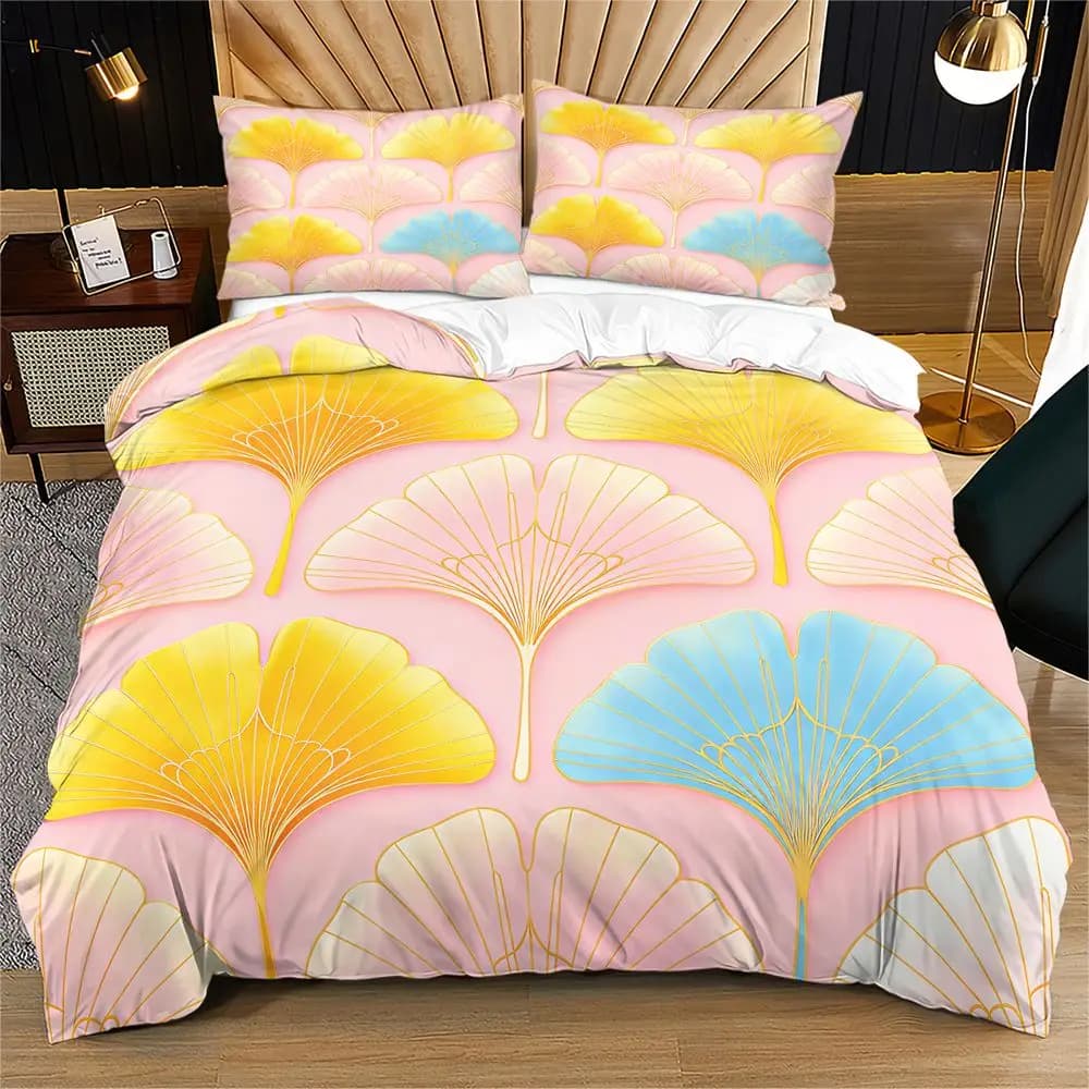 Golden Ginkgo Leaf Print Duvet Cover Set Comforter Cover Bedding Set No Filler HD Print Aesthetic Adult Bed Kit