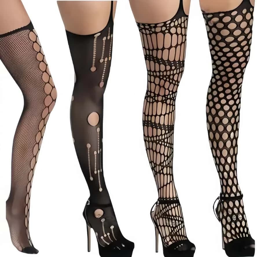 Plus Size Hollow Out Pattern Garter Belt Fishnet Stocking Tights Sexy Thigh-High Suspender Body Stockings Pantyhose for Women XL