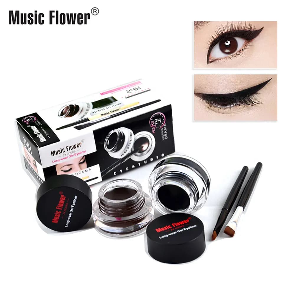 Music Flower 2 in 1 Coffee + Black Gel Cream Eyeliner Make Up Set di cosmetici impermeabili Eye Liner + pennelli trucco cosmetici per gli occhi