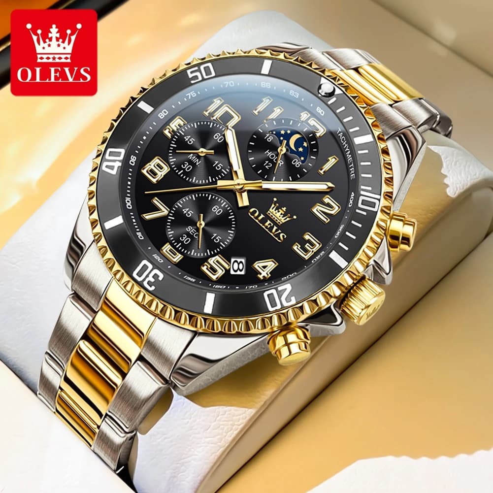 OLEVS Men Watches Classic Trend Fine Steel Original Quartz Watch for Man Stainless Steel Chronograph Waterproof Moon Phase Date