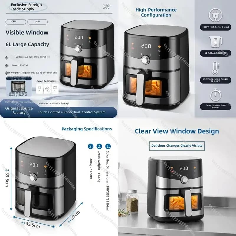 Stainless Steel Air Fryer with Touch Screen and Visual Window Multi Functional Electric Deep Fryer for Household and