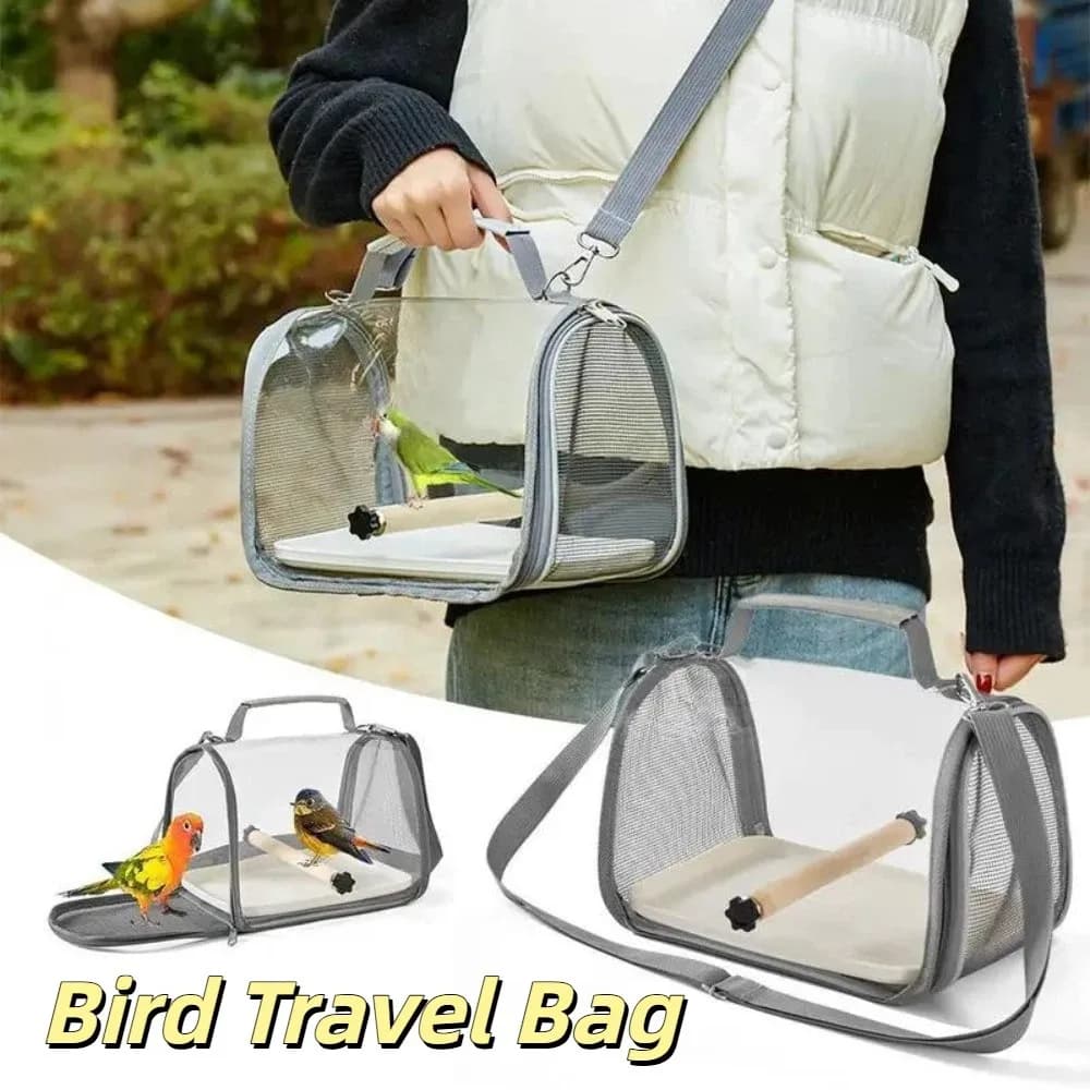 Gabbia Trasporto Uccelli in Rete Traspirante con Finestra Trasparente, Design Pieghevole, Trasportino da Viaggio per Animali Domestici con Supporto in Legno