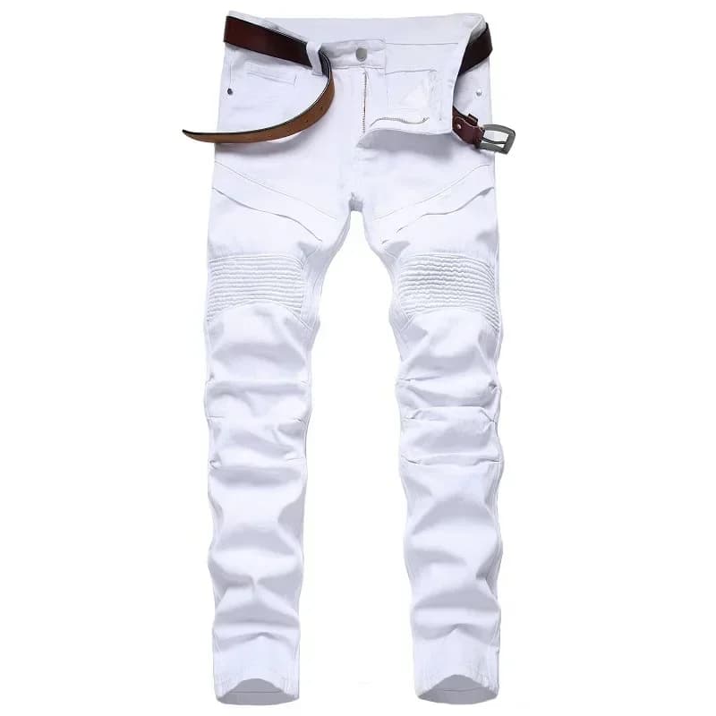 Jeans slim da uomo nuovi Pantaloni da moto bianchi alla moda patchwork casual in denim Pantaloni maschili pieghevoli stretti alla moda (senza cintura)
