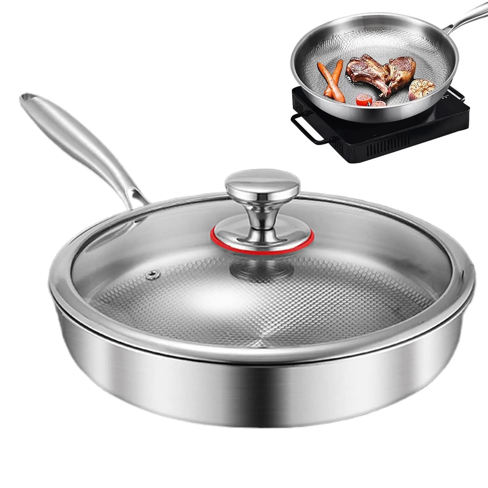 Titanium pan with Glass Cover, Non-stick, Uniform Heating, Non-coated Stainless Steel Wok, Kitchen Tools 26/28/30cm