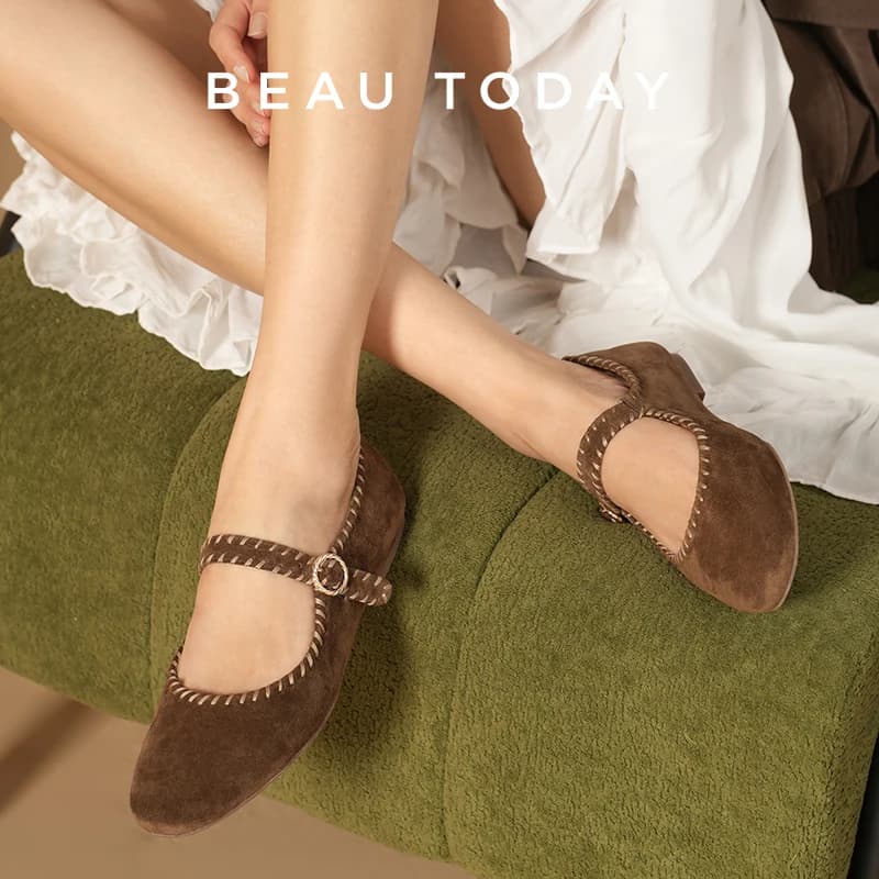 BEAUTODAY Mary Jane Shoes Women Cow Suede Solid Color Round Toe Retro Flats Buckle Strap Ladies Ballet Shoes Handmade 28718
