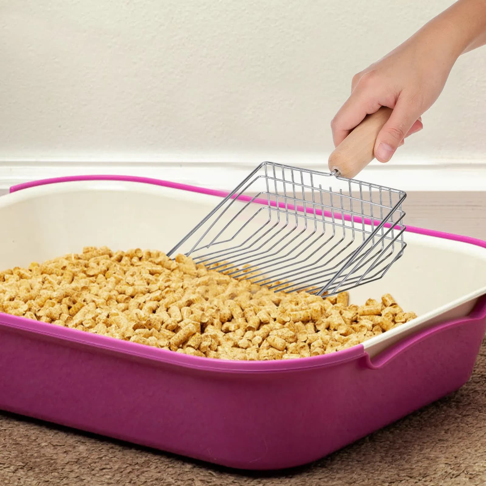 Set Premium per la Pulizia del Lettiera del Gatto: Paletta Grande Antiaderente con Manico in Legno Robusto e Supporto Compatto