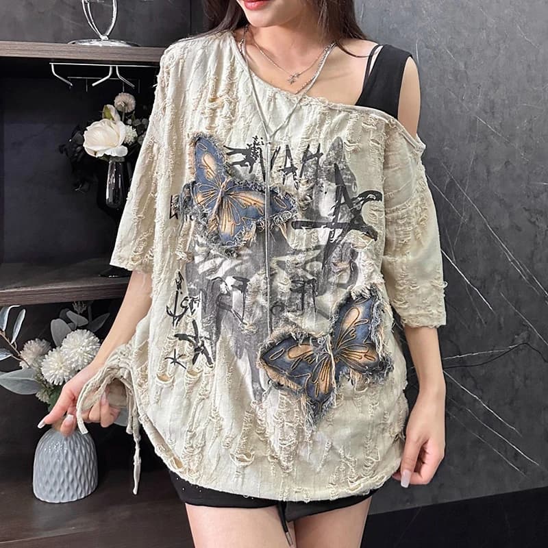 T-shirt da donna estiva nuova, casual, ampia, con stampa, ricamo, arricciatura, frange e spalle scoperte