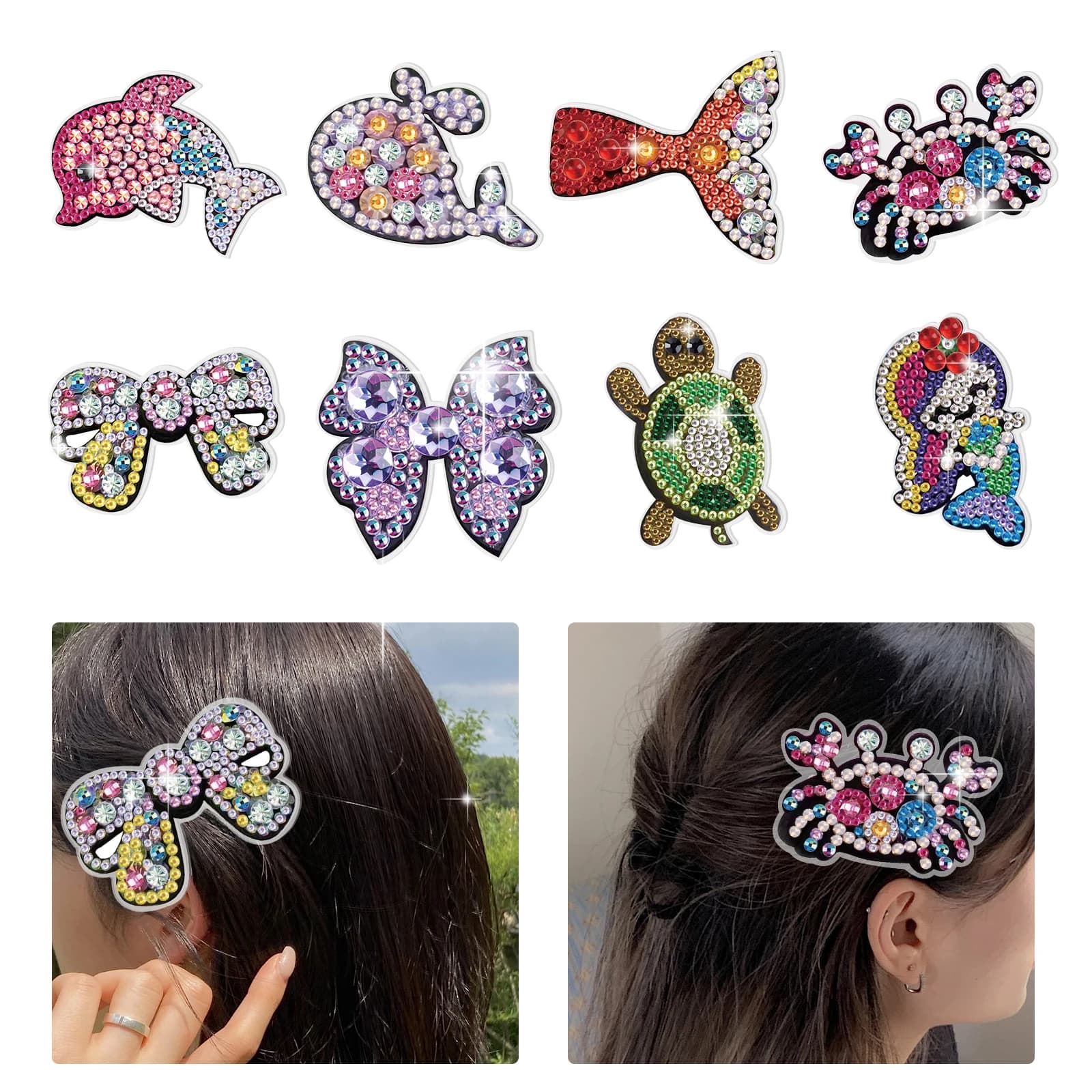 Kit di fermagli per capelli con pittura artistica da 8 pezzi, elementi per arco da spiaggia, fermagli per capelli con diamanti in cristallo scintillante, regali creativi fatti a mano