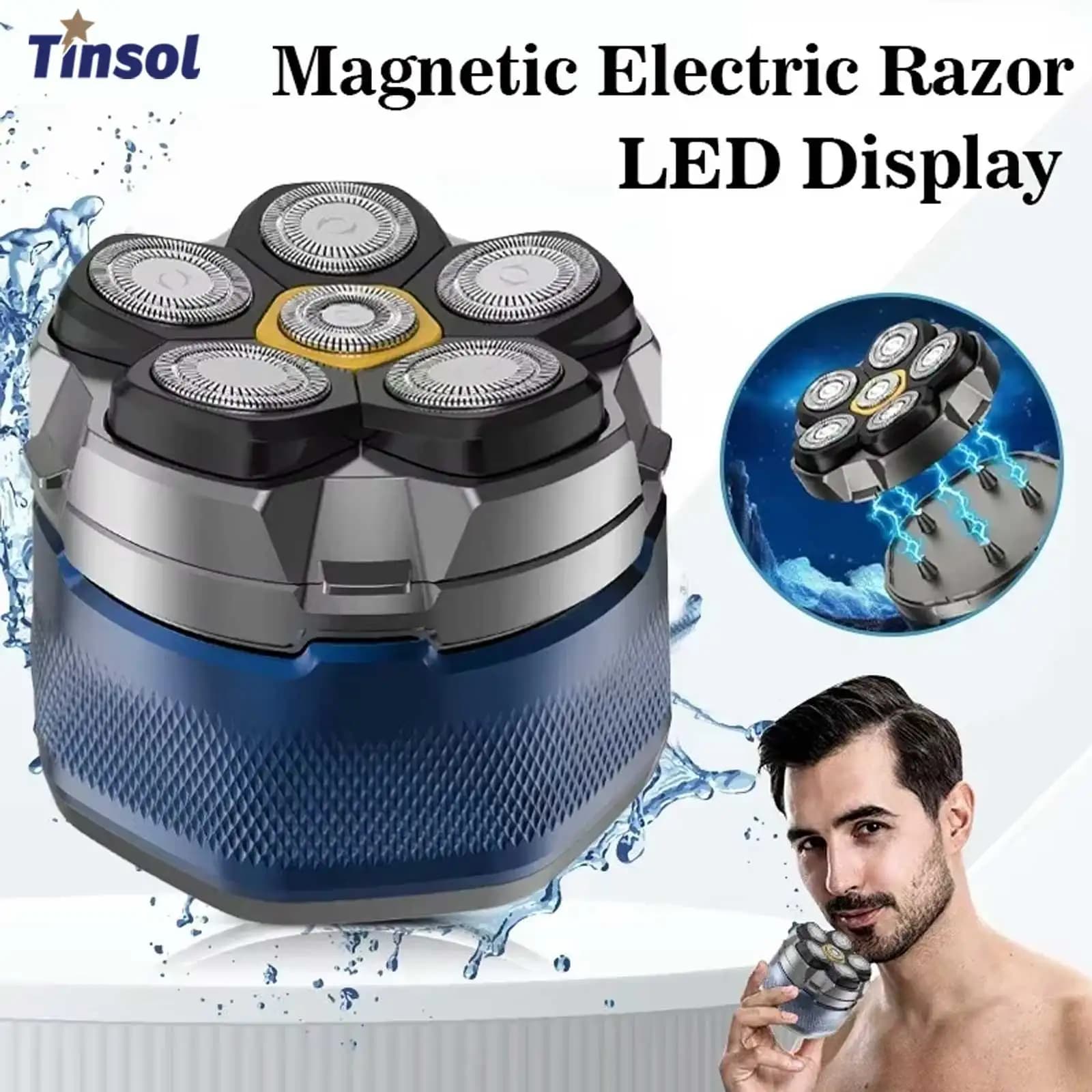 Tinsol Titanium Head Electric Razor for Men Calves 6D Magnetic Razor Waterproof LED Rechargeable Hair Cutting Face