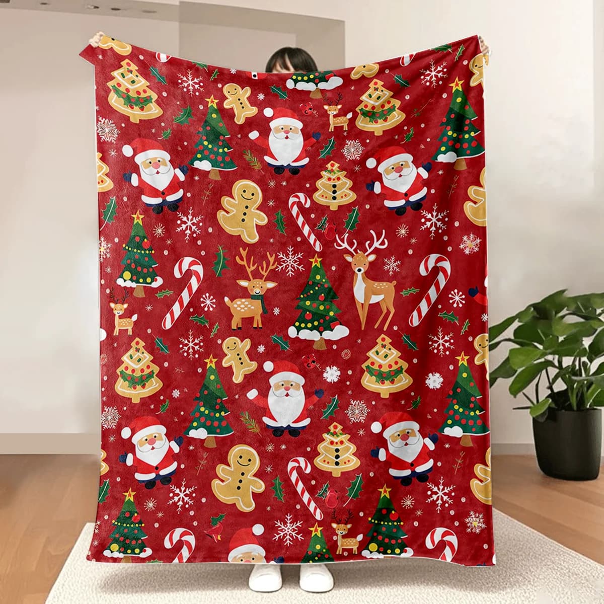 Festive Christmas Santa Throw Blanket- Ultra Soft, Fleece, Lightweight,Reindeer,Candy Cane and Gingerbread Red Blankets,for Couc