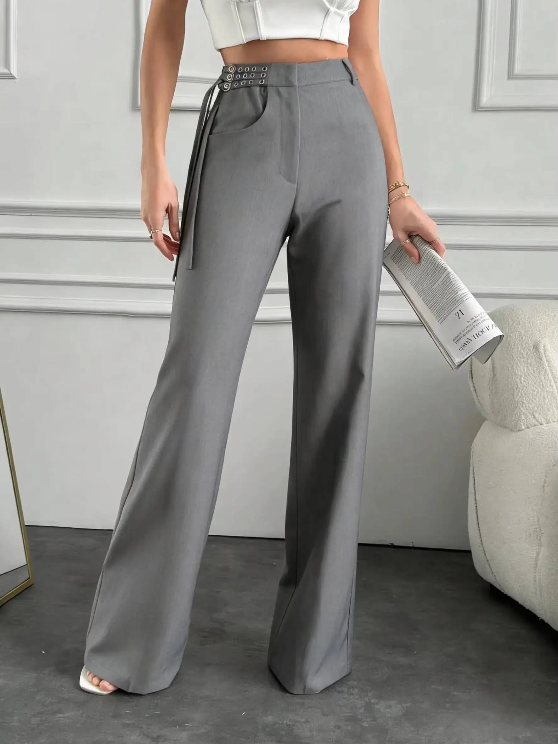 Pantaloni da Donna Grigi a Gamba Larga con Cintura in Metallo e Occhielli, Vita Alta, per Ufficio e Casual, Primavera-Estate, Effetto Snellente