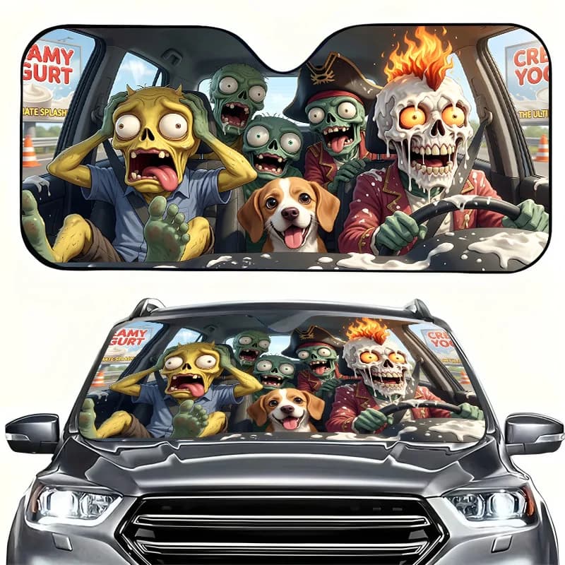 1Pcs Playful Zombie & Dog Design Car Windshield Sun Shade, Playful Design, Easy Installation Shade