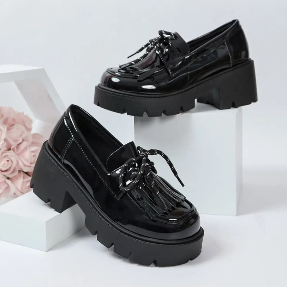 Women's Loafers Platform Round Toe Chunky Block Heel Glossy Finish Slip-On Casual Dress Shoes Featuring Fringe and Lace Accents