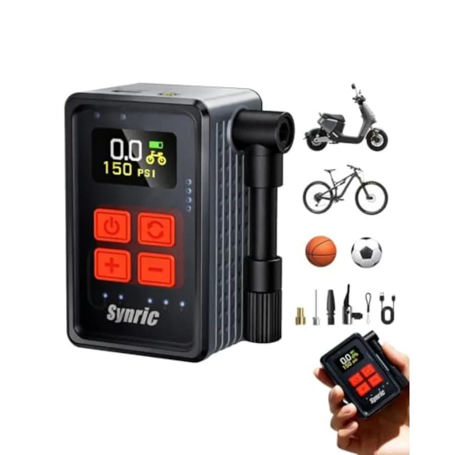 Mini Pompa per Pneumatici Bici, 150PSI Gonfiaggio Rapido con Manometro, Arresto Automatico, Pompa Elettrica Portatile con Valvole Presta e Schrader