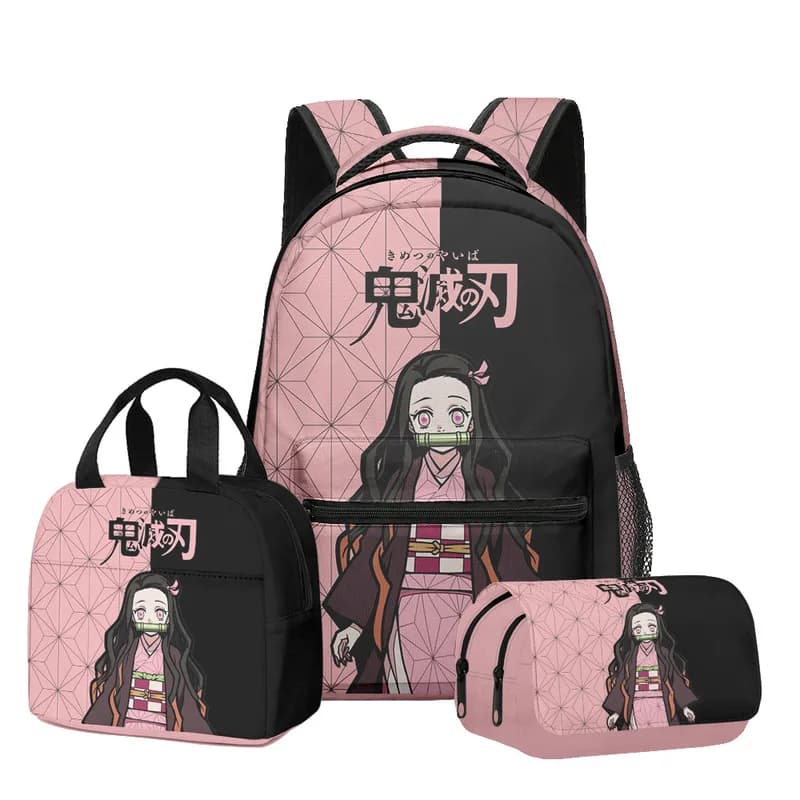 3 pieces Anime Demon Slayer Tanjiro Nezuko 3D Printed Backpack for University Students Big School Bag Laptop Case Pen Bag Meal Bag