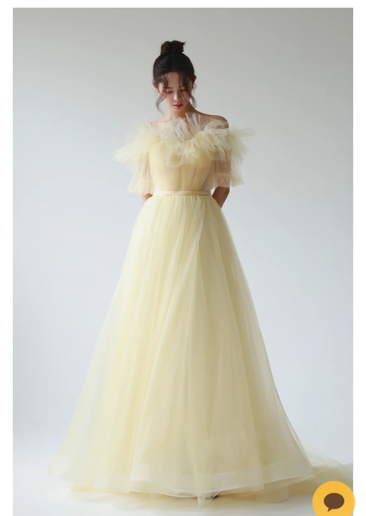 OLOEY Fata Tulle giallo chiaro Abiti da sera coreani Servizio fotografico Matrimonio Maniche con spalle scoperte Corsetto sul retro Abiti da ballo