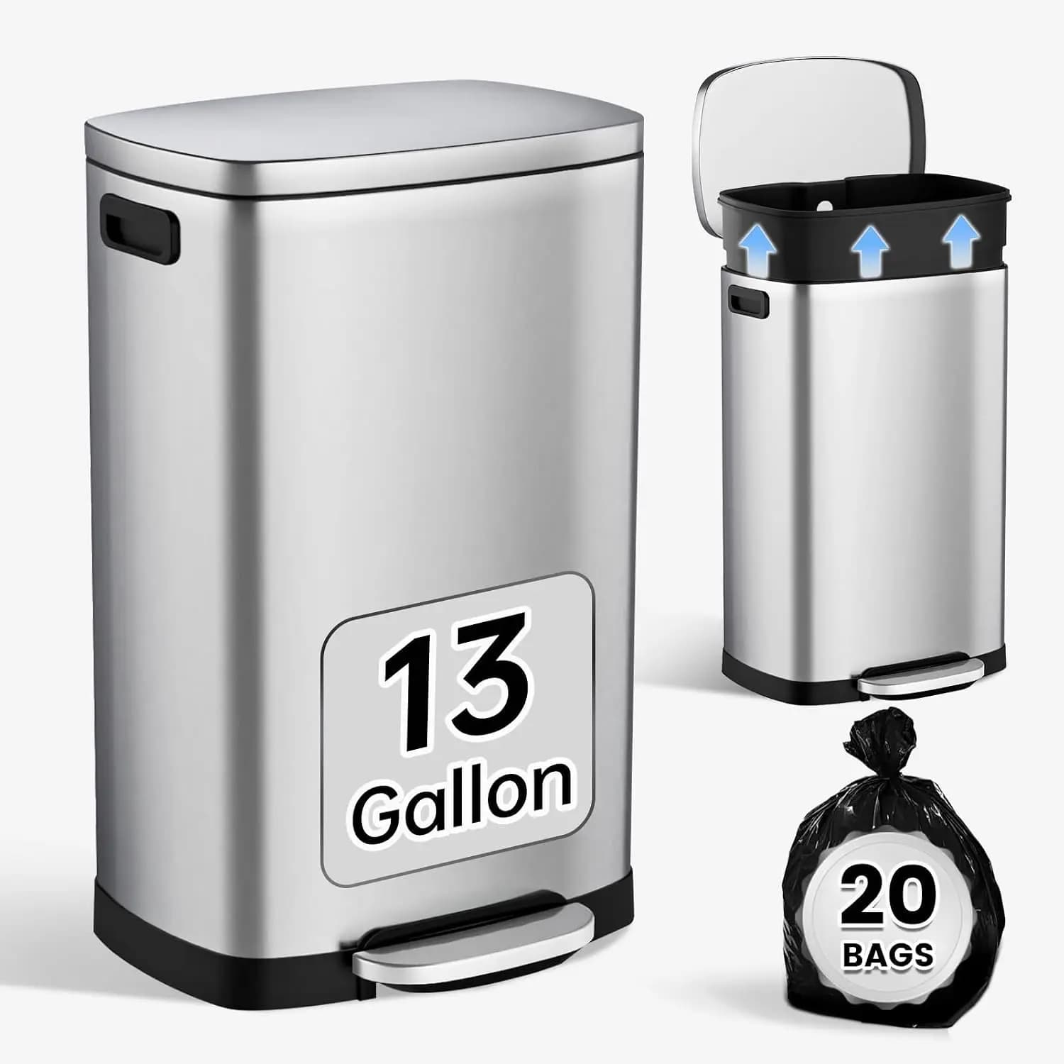 Foot‑Pedal 13 Gallon Stainless Steel Trash Can, Soft‑Close Lid Kitchen Garbage Bin Includes 20Pcs Trash Bags for Household