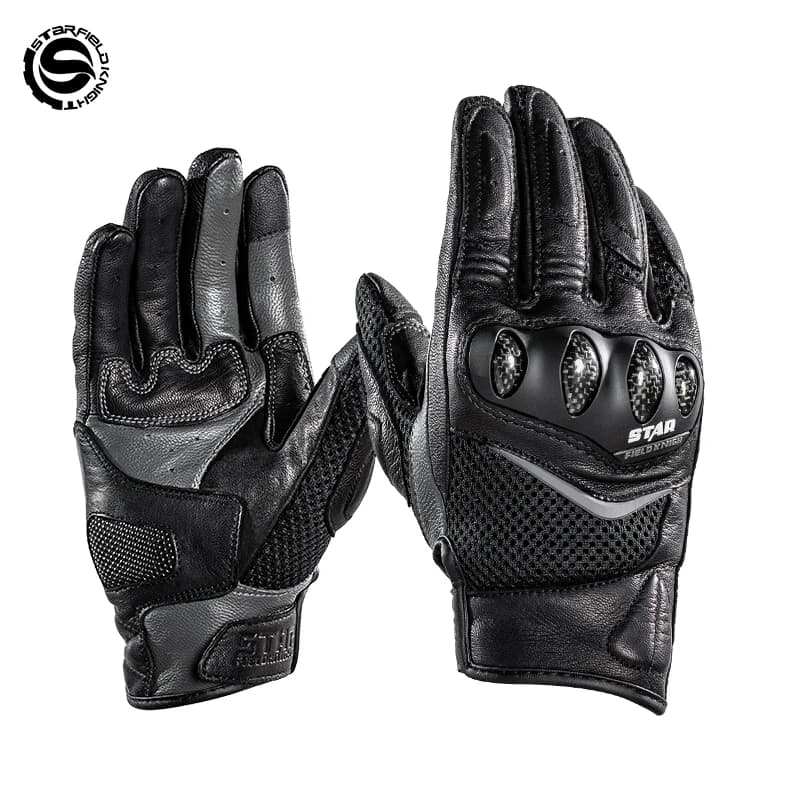 SFK Black Women's Motorcycle Riding Gloves Summer Mesh Breathable Real Goat Leather Carbon Fiber Joint Protection Wear-resistant
