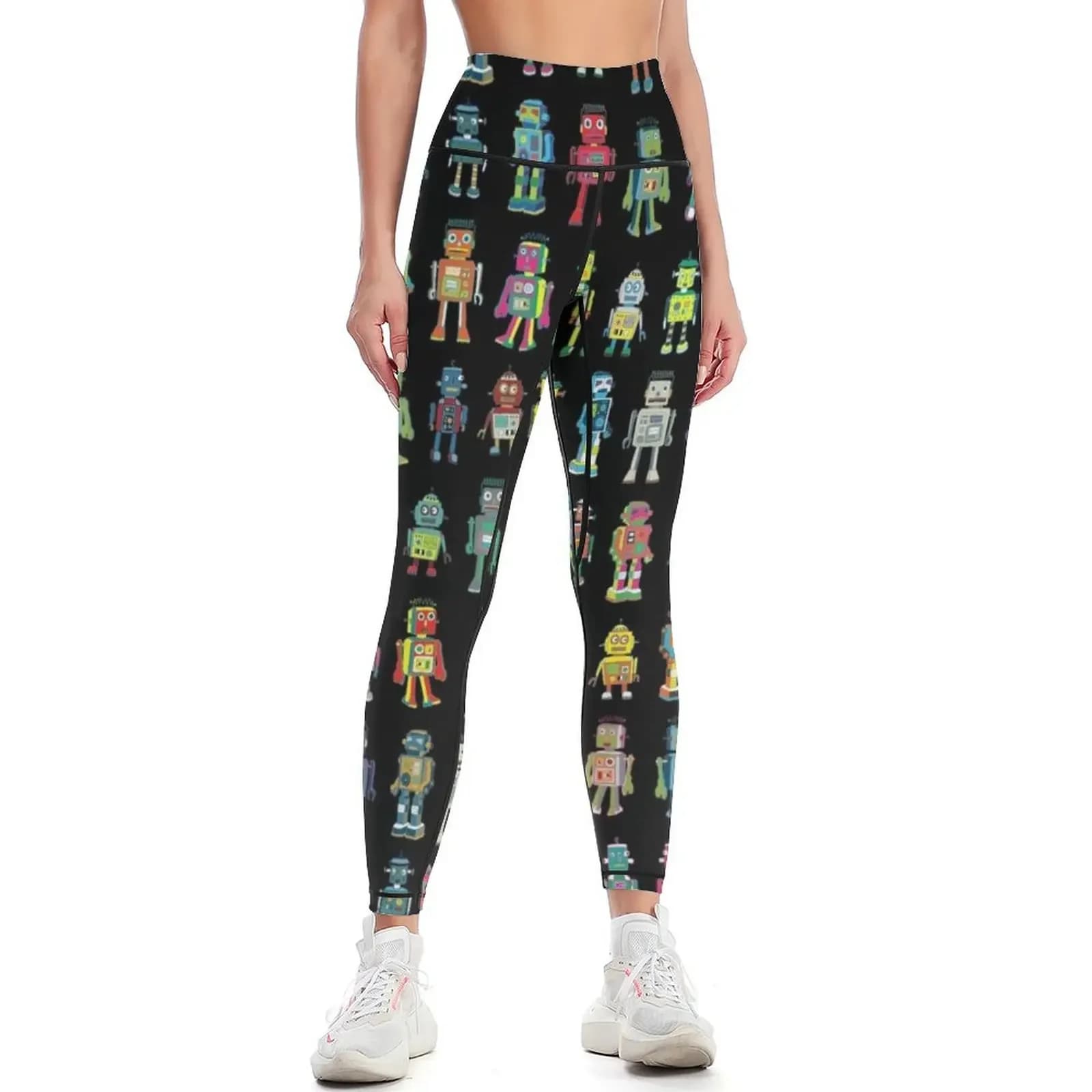 Robot Line-up on Black - divertente motivo di Cecca Designs Leggings, magliette sportive, leggings push up da palestra, leggings da donna