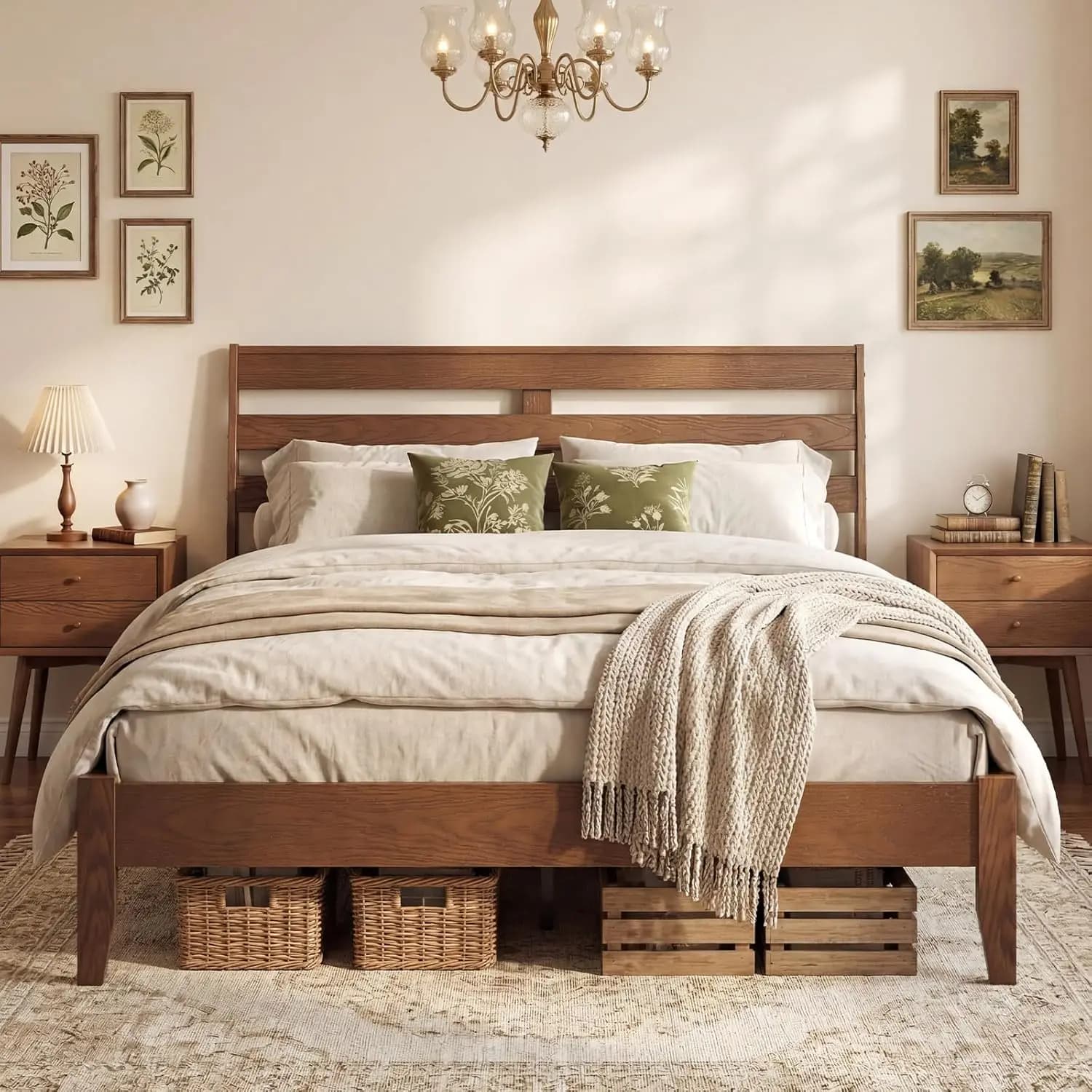 Double bed base with slats headboard, wooden platform bed Mid-Century style, wooden slats for mattress support, customizable