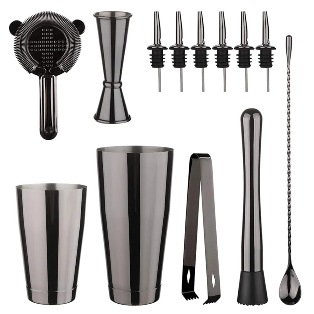 Set cocktail shaker bar: 2 shaker Boston ponderati, colino da cocktail, jigger, tritacarne e cucchiaio, pinza per ghiaccio e versatore da 6 bottiglie