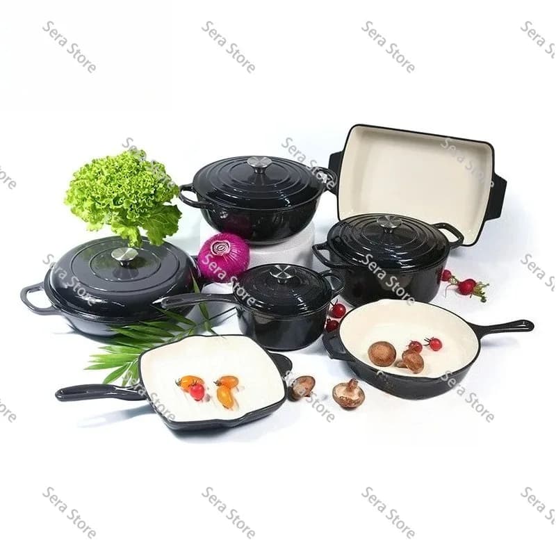 Cast Iron Enamel Pan Seven-piece Set 24cm Soup Pan Frying Pan Non-stick Cast Iron Cookware Set
