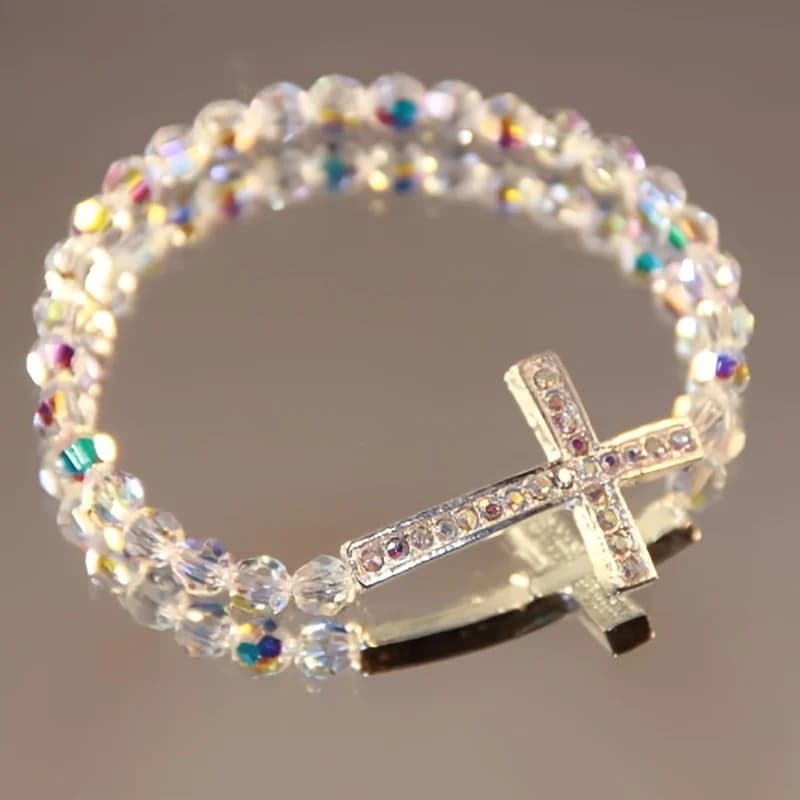 Braccialetto con Croce Orizzontale, Accessorio Religioso con Cristalli e Strass - Gioielli in Cristallo Sintetico per Donne