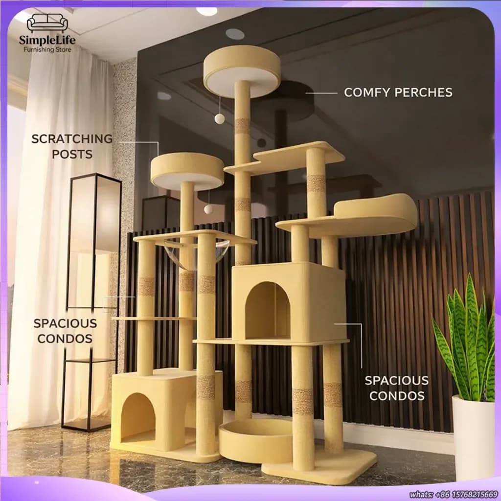 Albero per Gatti in Velluto Premium con Tettuccio Alto e Cuccia Semichiusa Accogliente per Gatti, Design Durevole Resistente ai Graffi, Personalizzabile per Animali Domestici
