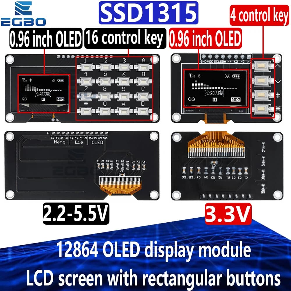 oLED IIC Display 0,96 Inch White/YELLO BLU/BLU 12864 OLED with LCD Screen Card 4x4 I2C SSD1315 key for Arduino