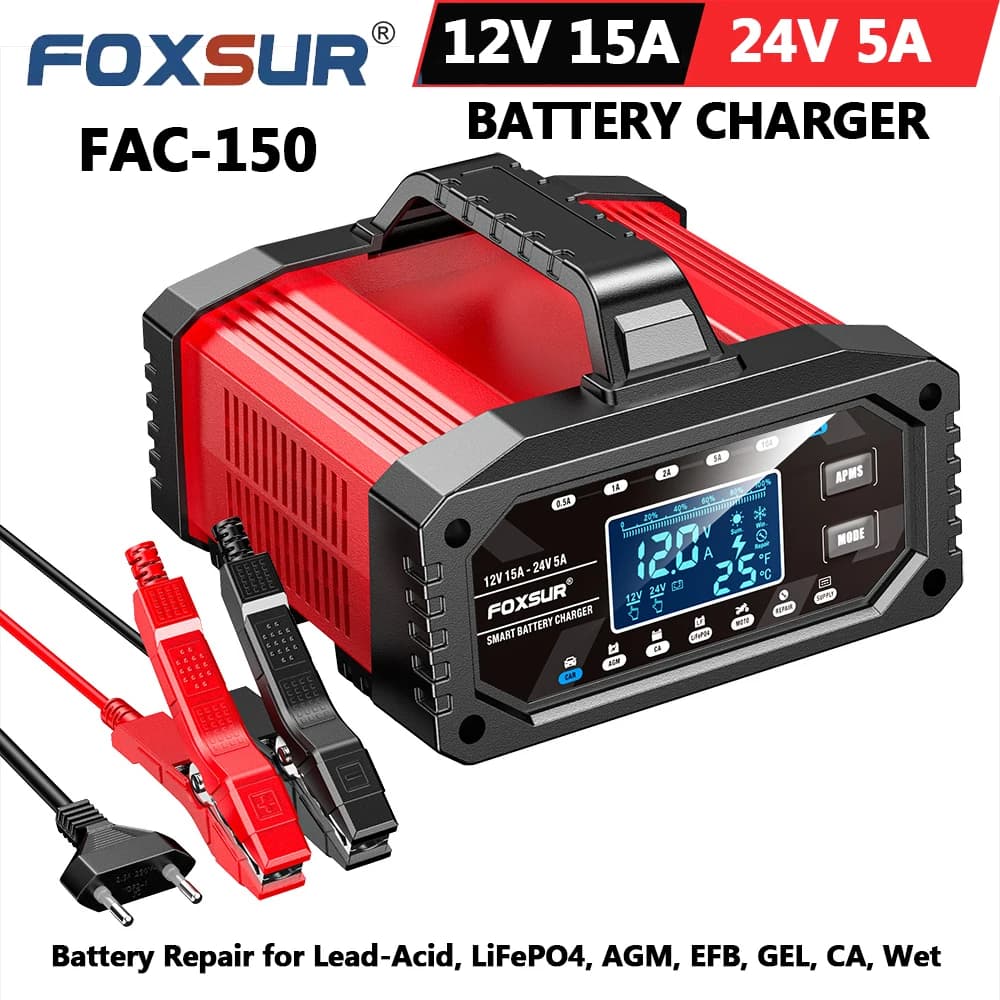 FOXSUR 12V 24V FAC-150 Smart Car Motorcycle Battery Charger Battery Pulse Repair AGM LiFePO4 Lead Acid Batteries EU Plug