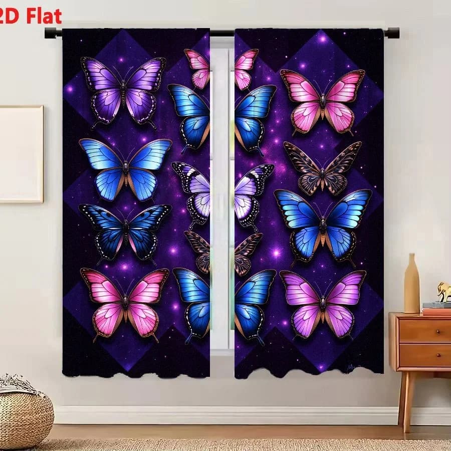 2Pcs Curtains 2D Flat Vibrant Artistic Composition Of Twelve Butterflies On Cosmic Starry Background With Deep Purples Blues And