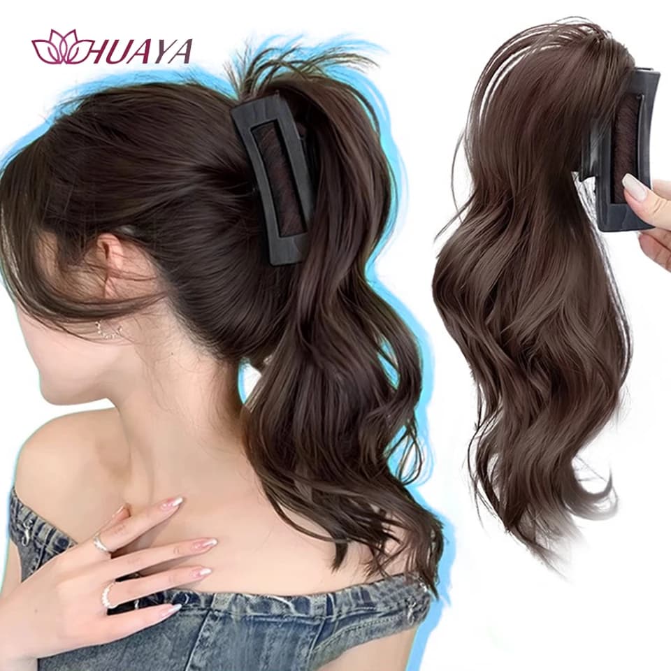 HUAYA Wavy Claw Ponytail for Women Grils Sweeat Cute Half-Tied Ponytail Wig Synthetic Fluffy Black Brown Hairpieces
