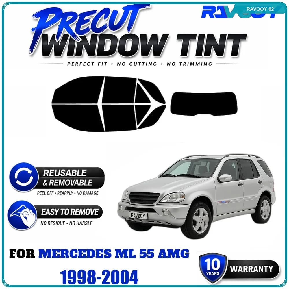 RAVOOY Precut Window Tint, Reusable Removable EPU Film, Custom Fit for Mercedes ML 55 AMG 1998-2004, UV Heat Protection