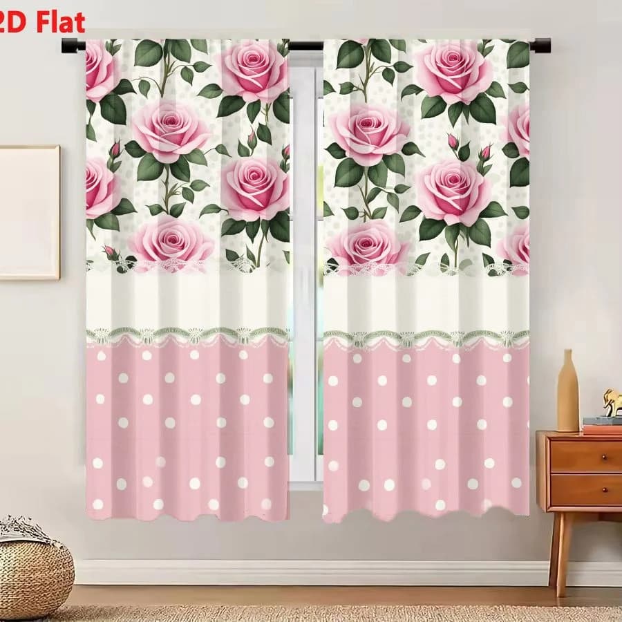 2Pcs Curtains 2D Flat Decorative Pattern With Pink Roses And Green Leaves On Cream Background Plus Dusty Pink Field With White P