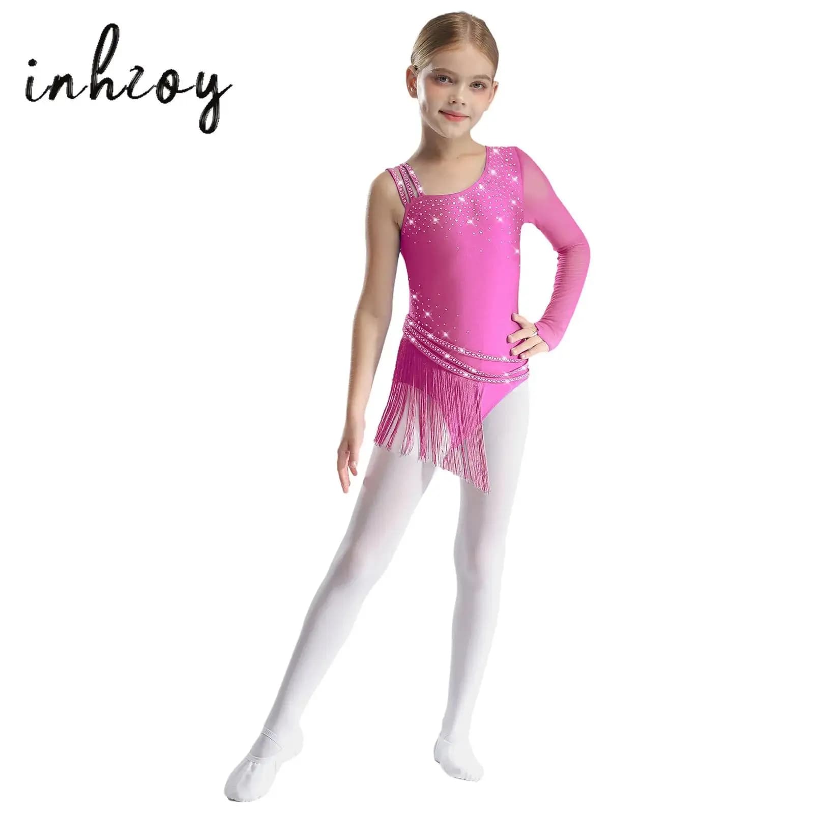 Body da ballo per pattinaggio di figura per bambina, strass scintillanti, body con gonna irregolare con frange e nappe per spettacoli jazz latino