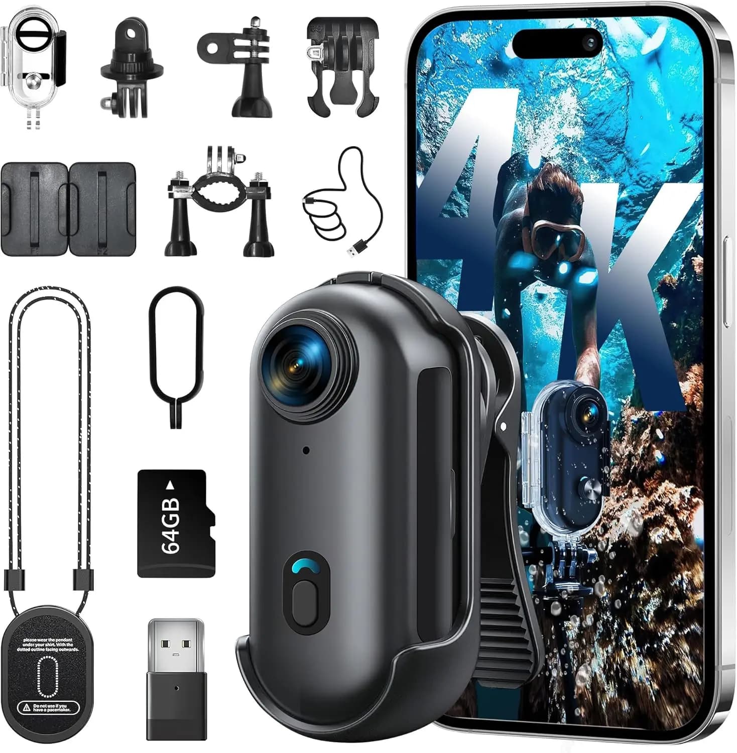 Mini 4K Action Camera Wearable, Size of an Inch, Free Hand Registration for Sports, Travel, Fishing and Walks with Domestic Animals