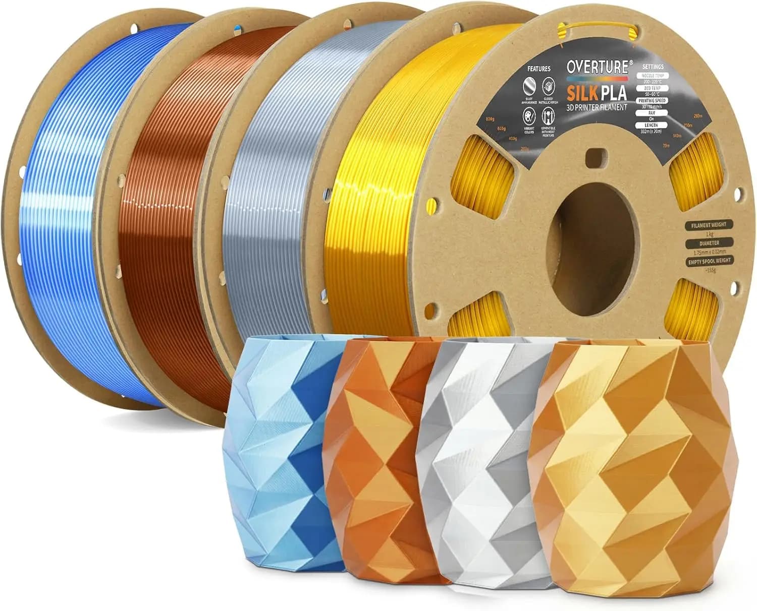Set di Filamenti PLA Effetto Seta, Filamento Metallico Lucido Anti-Intasamento per Stampanti 3D, 4 Bobine da 1kg (Oro+Argento+Rame+Argento-Blu)