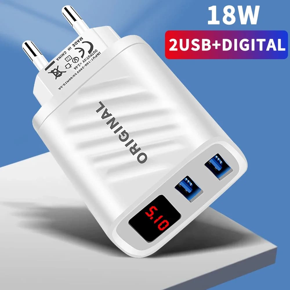 Caricatore da parete con display digitale a doppia porta da 18 W, adattatore di alimentazione per telefono cellulare con ricarica rapida USB per iPhone Huawei Xiaomi Samsung