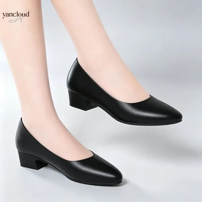 All Match Elegant Women's Soft Leather Shoes Black Pumps Spring Autumn 2026 Block Heel Shoes for Dress Office Court Hotel Mother