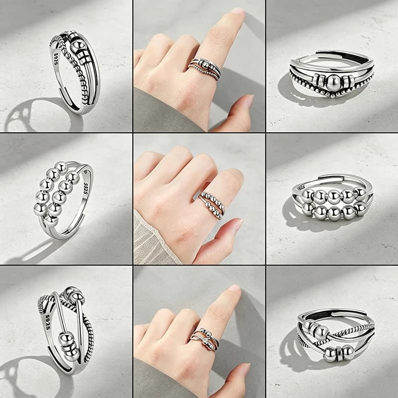 Fidget Anxiety Metal Round Beads Spinner Ring Anti Stress Finger Jewelry Ladies Trendy Rotate Rings Gifts Relax Accessories