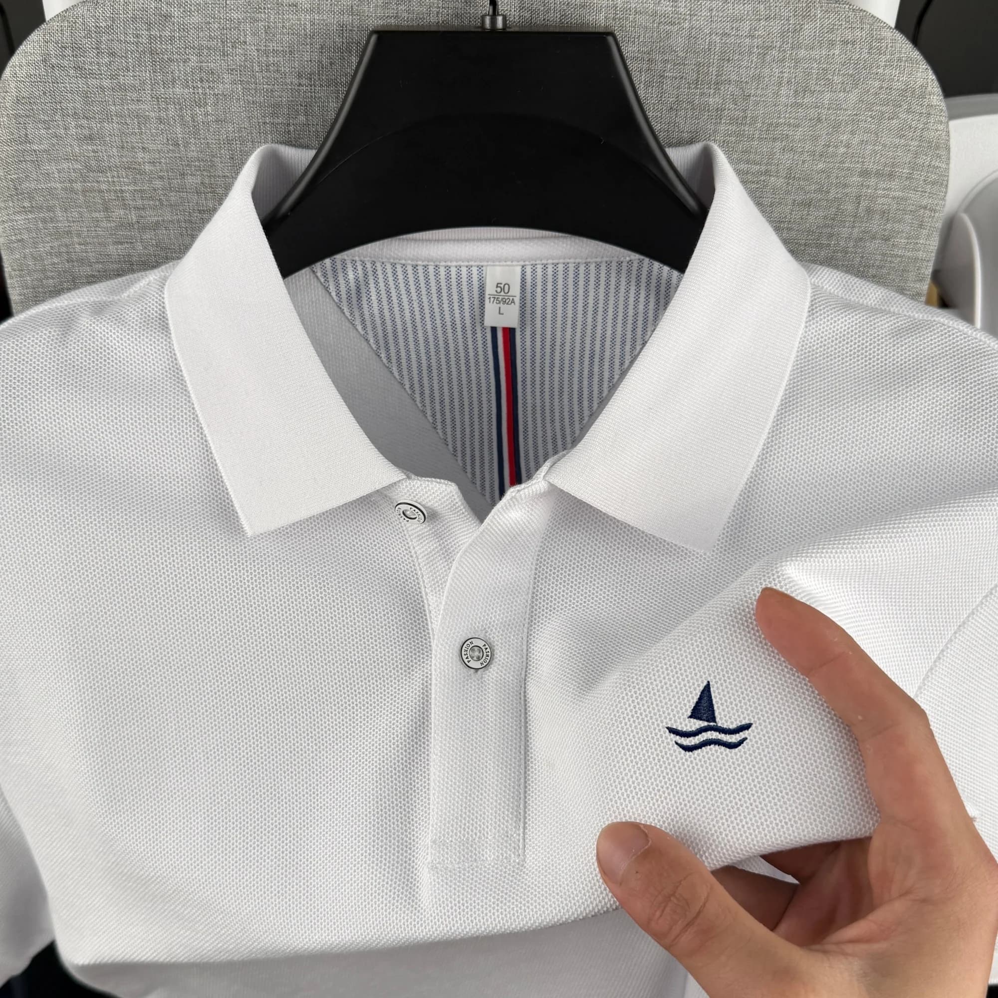 Polo da uomo a maniche corte in cotone 100% puro, di alta gamma, estivo, di lusso, con ricamo a piccola barca a vela, per golf.