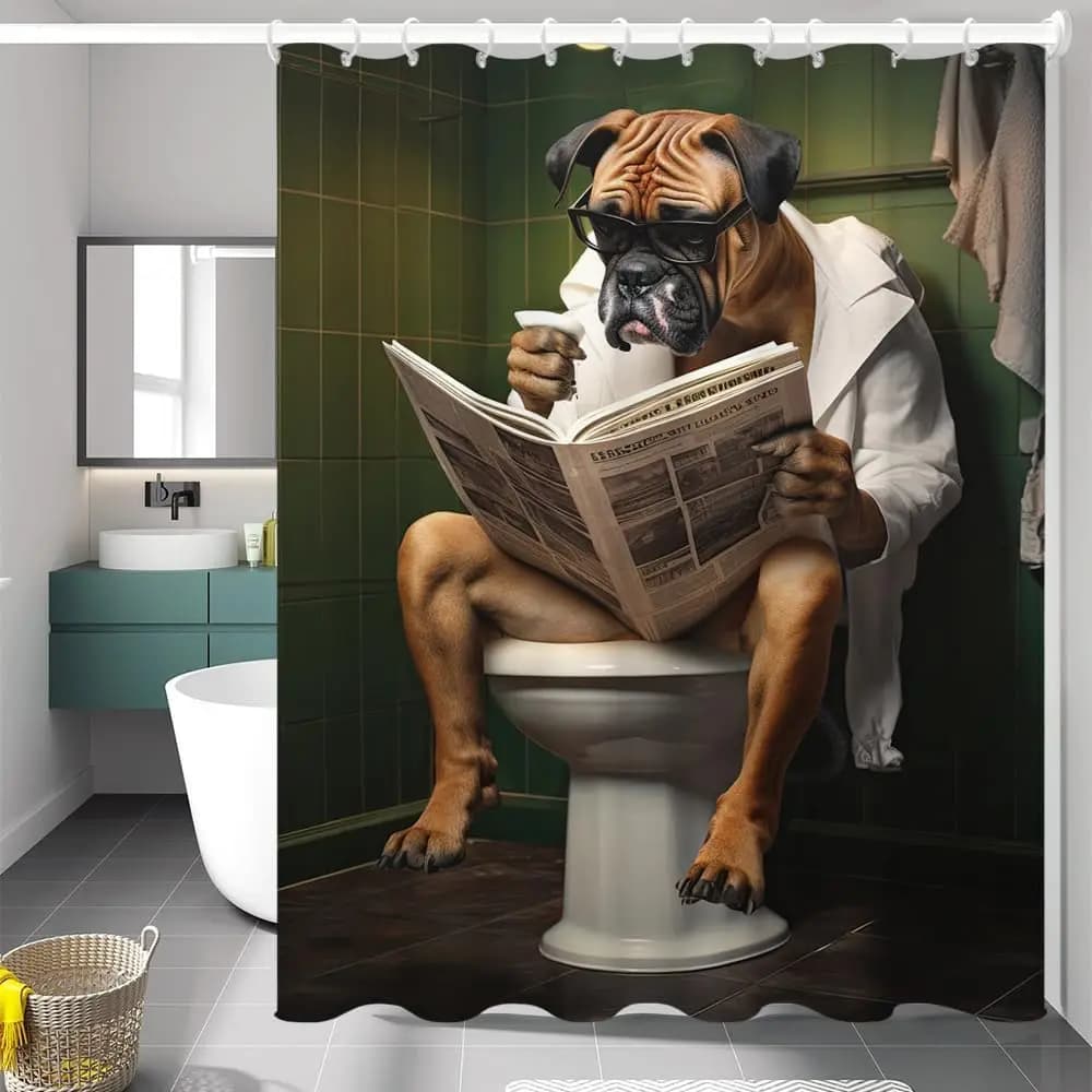 Divertente tenda da doccia per vasca da bagno per cani boxer, cani carini che leggono giornali su tenda da bagno in tessuto lavabile per bambini