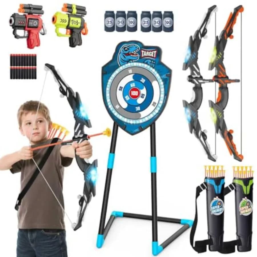 Set di 2 Archi LED con Bersaglio e 20 Frecce a Ventosa, Gioco Sportivo per Interni ed Esterni per Bambini 3-12 Anni, Blu