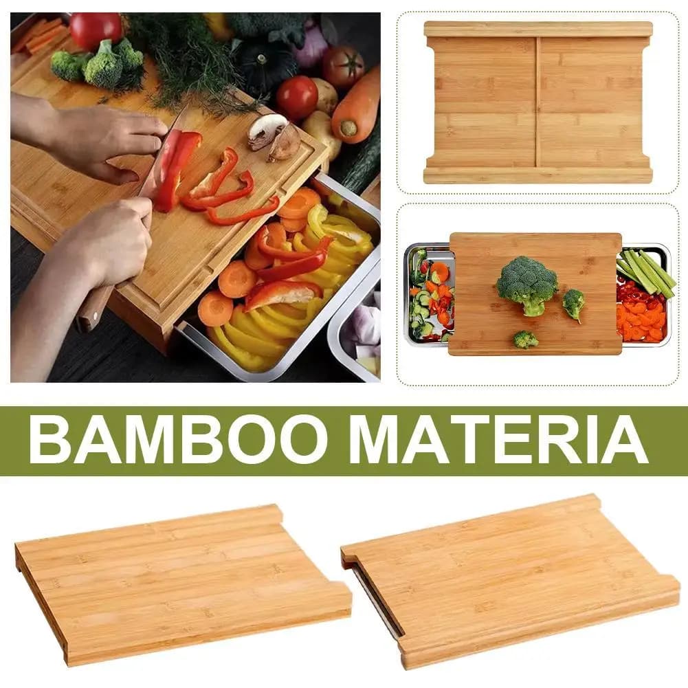 Bamboo Cutting Board With Stainless Steel Storage Hidden Tray With 2 Slide Out Drawers Non-Slip Easy Cleaning Kitchen Tool