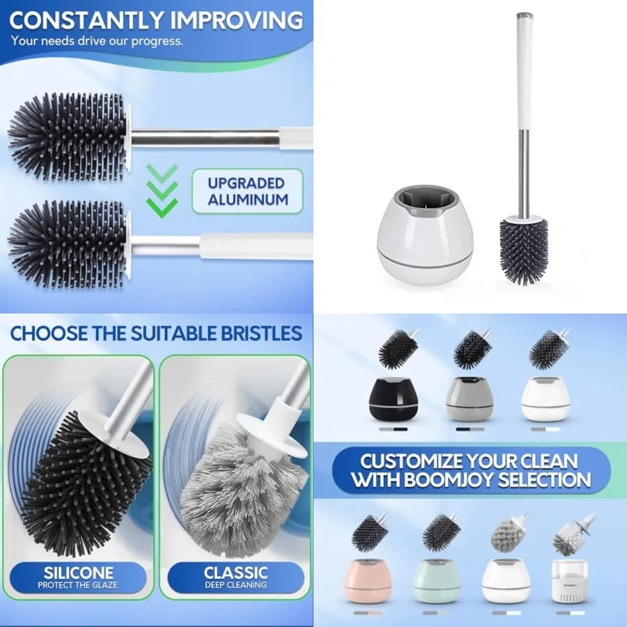 Set Spazzola e Porta Spazzola per WC, Spazzola in Silicone per la Pulizia del WC, Kit per la Pulizia del Bagno con Pinzette, Accessori per il Bagno con Manico in Alluminio - Bianco