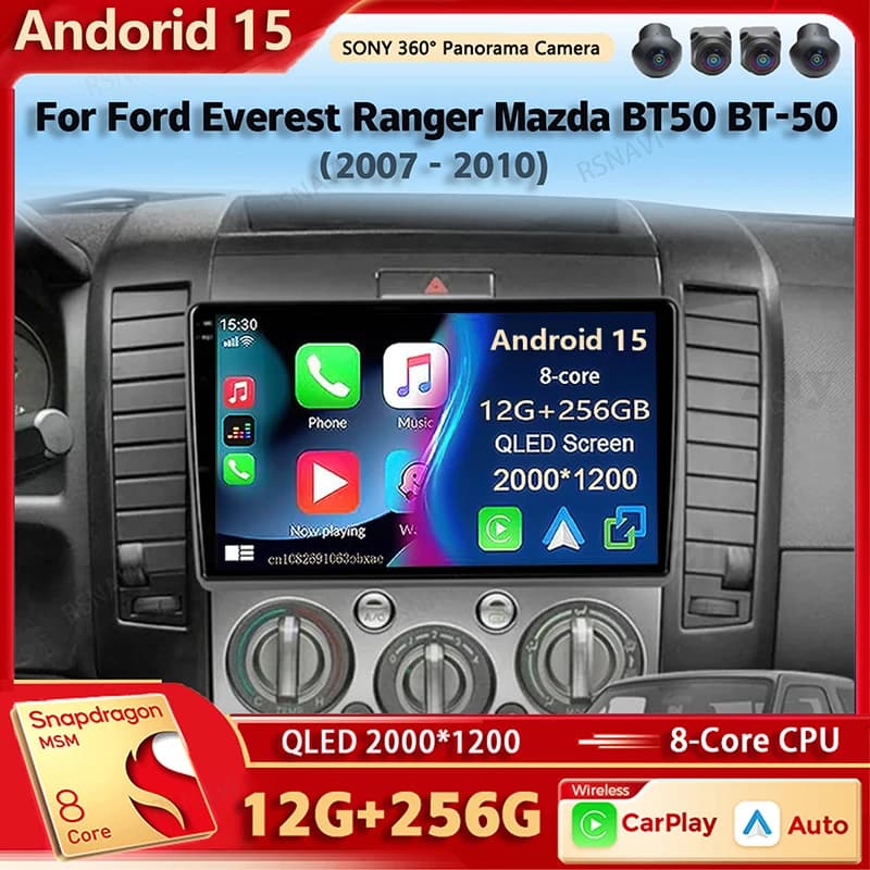 Android 15 Qualcomm Autoradio Multimedia Reader for Ford Everest Ranger Mazda BT50 BT-50 2006 2007-2010 Wireless Carplay Auto BT