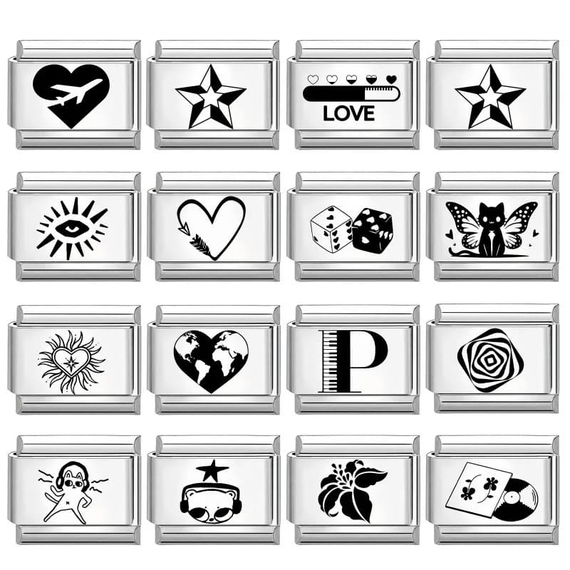 New Y2K Laser Engraving DIY Black Italian Charm Bracelet Personalized Cat Butterfly Star Heart Beads 9MM Stainless Steel Jewelry