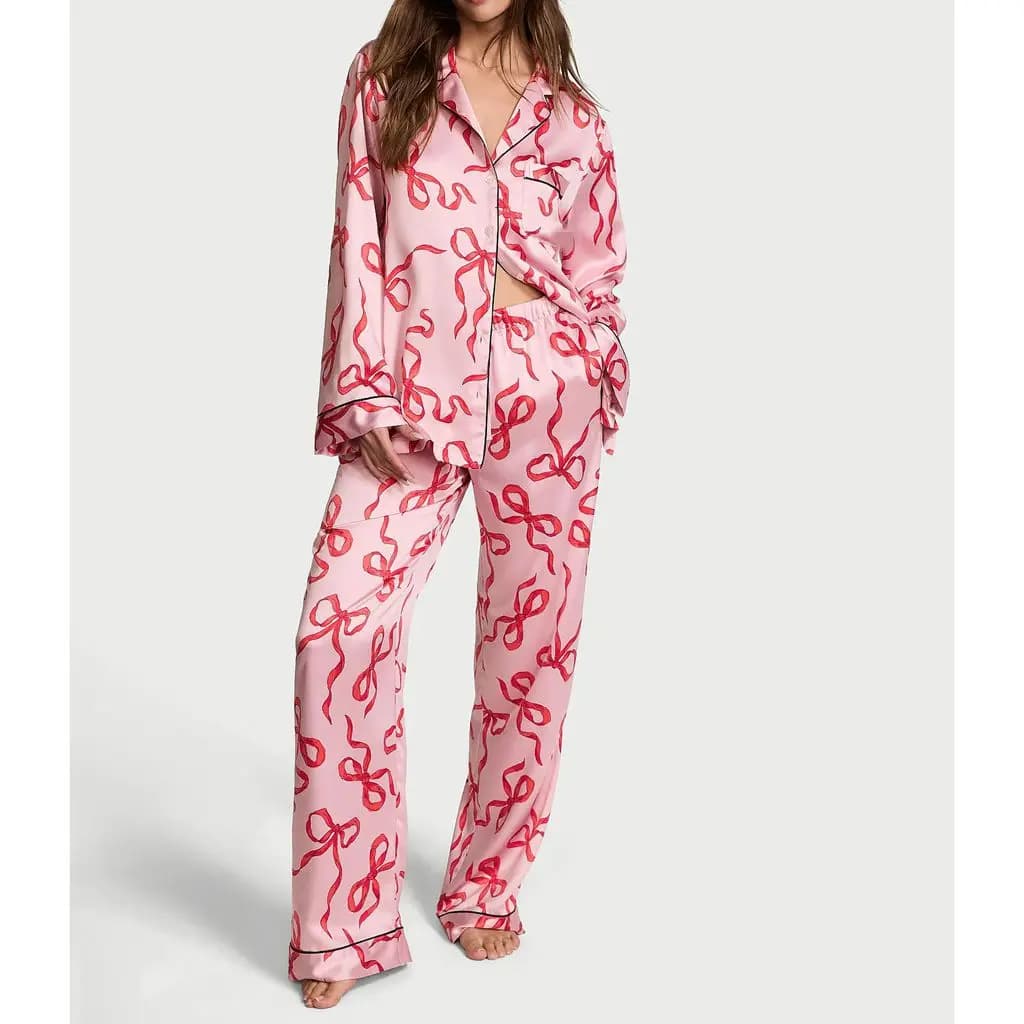 HEZIOWYUN Donna 2 pezzi Pigiama in raso Pigiama Set Manica lunga Risvolto Collo Fiocco/Stampa stella Camicia Top + Pantaloni in vita elastica Indumenti da notte